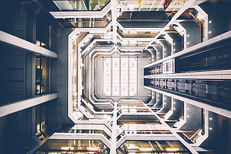 Symmetrical High-Angle View of Modern Office Building Atrium