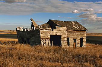 Weathered Abandoned Wooden Barn in Golden Prairie Landscape