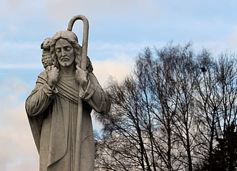 Stone Statue of Jesus as the Good Shepherd with Lamb