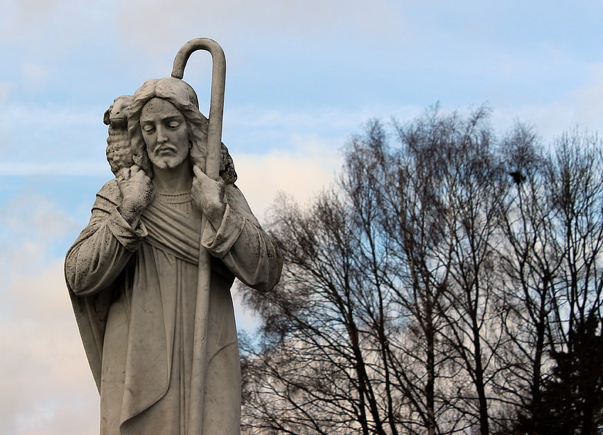 Stone Statue of Jesus as the Good Shepherd with Lamb
