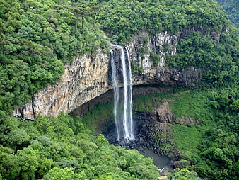 Twin Waterfall Cascading Through Lush Green Rainforest in Brazil
