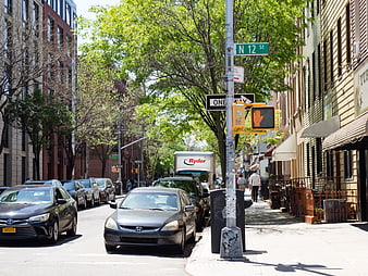 Sunny Brooklyn Street Scene with Parked Cars and Green Trees