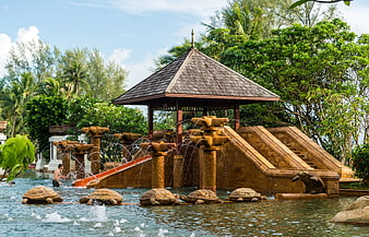 Tropical Water Park with Stone Gazebo and Turtle Sculptures