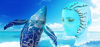 Blue fantasy whale and woman face in ocean waves