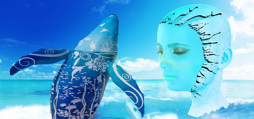 Blue fantasy whale and woman face in ocean waves