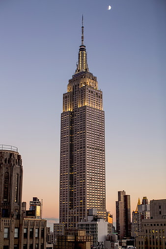 Empire State Building at Dusk with Crescent Moon