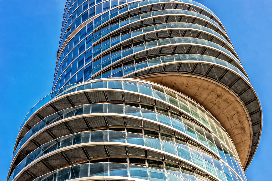 Low angle view of Exzenterhaus Bochum modern glass architecture