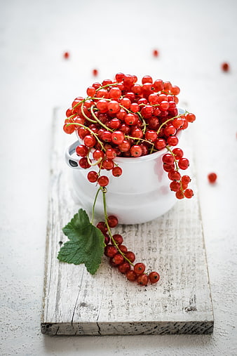 Fresh Red Currants in White Bowl on Wooden Board