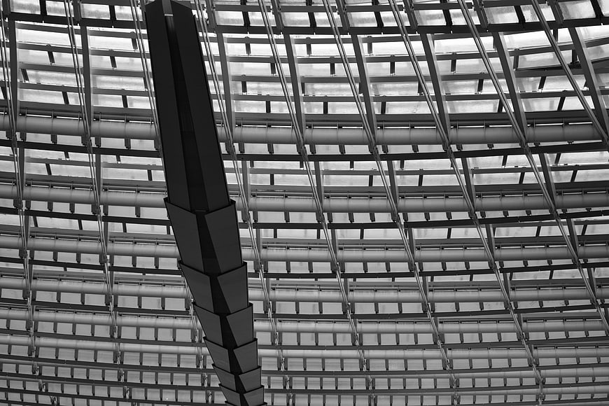 Black and white architectural detail of Les Halles glass ceiling structure