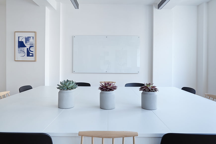 Minimalist white office meeting room with succulents