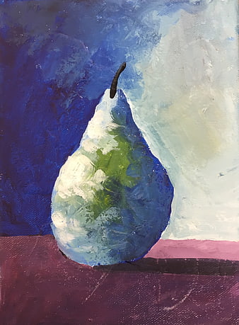 Oil painting of a pear with blue and green tones