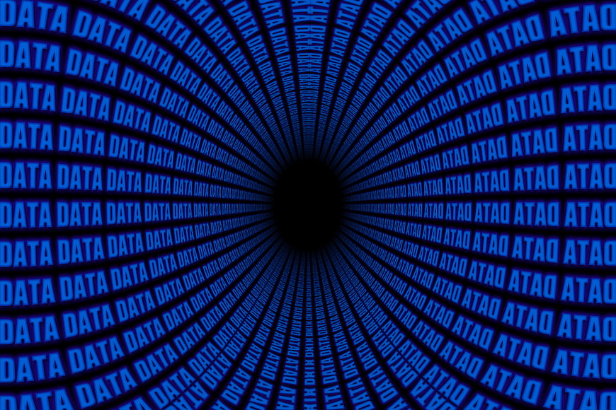 Abstract blue data tunnel with repeating text pattern