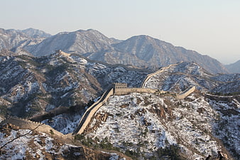 Great Wall of China Winding Through Snowy Winter Mountains