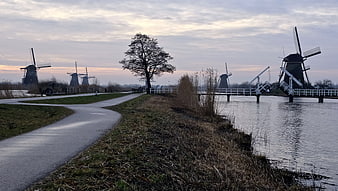 Traditional Dutch windmills along a canal at dusk
