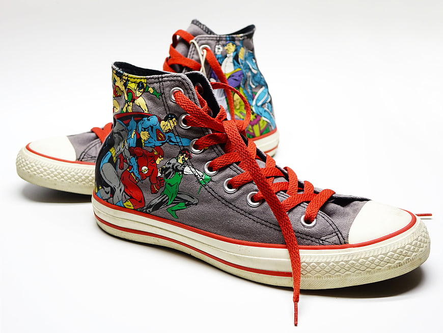Gray High-Top Sneakers with Superhero Print and Red Laces