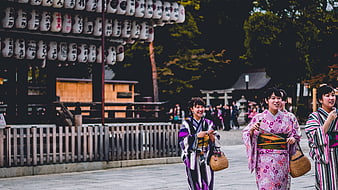 Women in Kimonos Walking at Japanese Shrine
