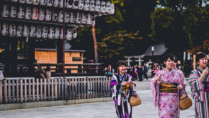 Women in Kimonos Walking at Japanese Shrine