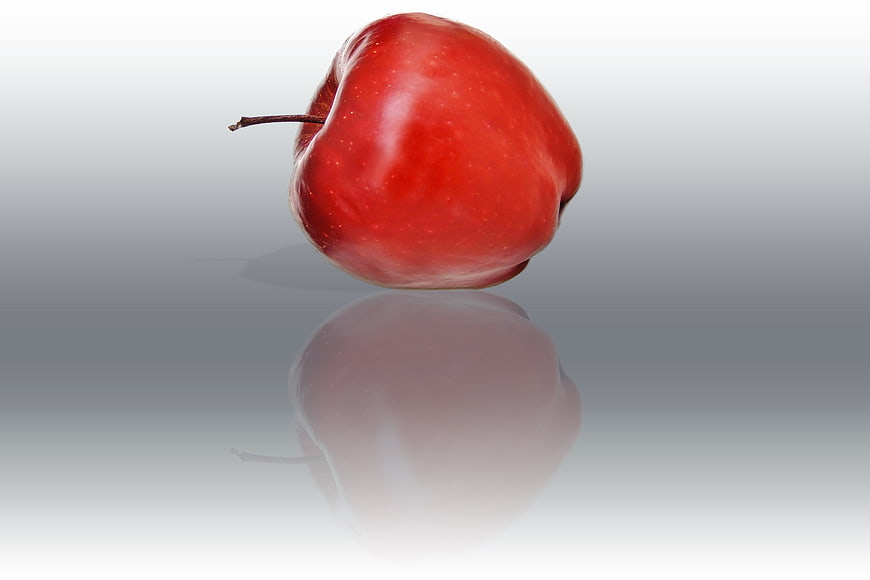 Fresh red apple with stem on reflective gray surface