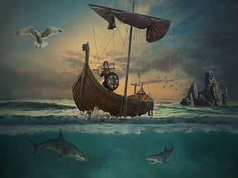 Viking Warrior in Longship with Sharks Below