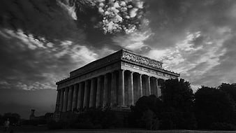 Dramatic black and white Lincoln Memorial with storm clouds
