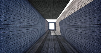 Modern gray wooden tunnel with bright light at the end
