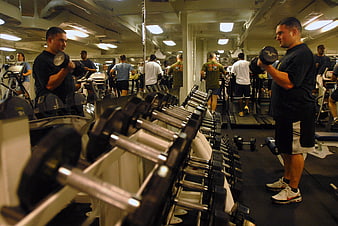 Men exercising with dumbbells in a busy indoor gym