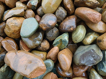 Close-up of wet smooth river stones and pebbles