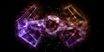 Futuristic Tie Fighter Spaceship in Purple and Red Holographic Style