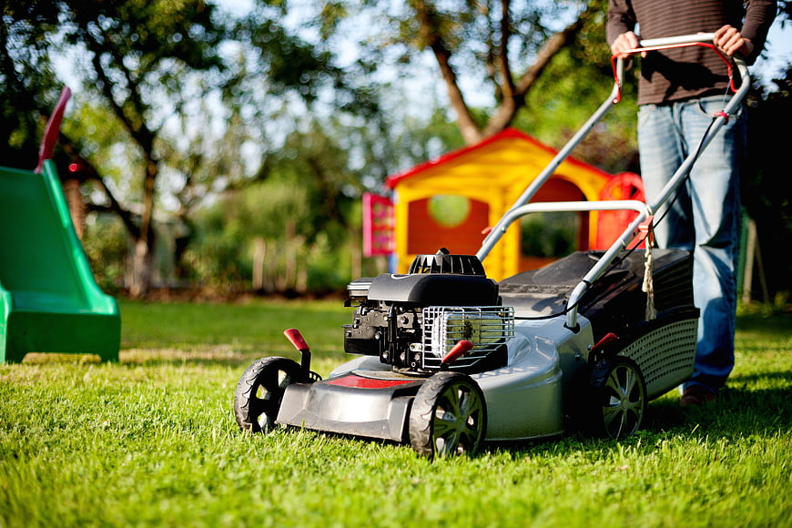 Man Pushing Gasoline Lawn Mower On Green Grass In Backyard