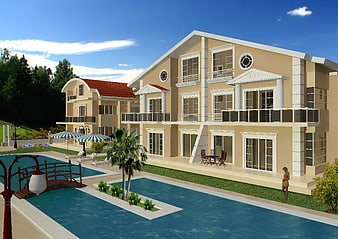 3D architectural rendering of luxury villa with swimming pool