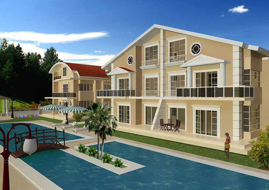 3D architectural rendering of luxury villa with swimming pool