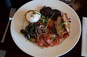 Full English Breakfast with Bacon, Eggs, and Black Pudding