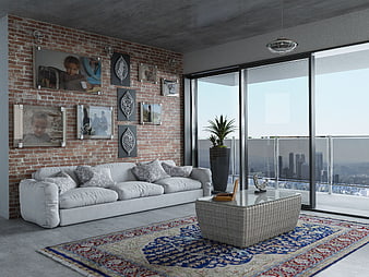 Modern living room with brick wall and city view