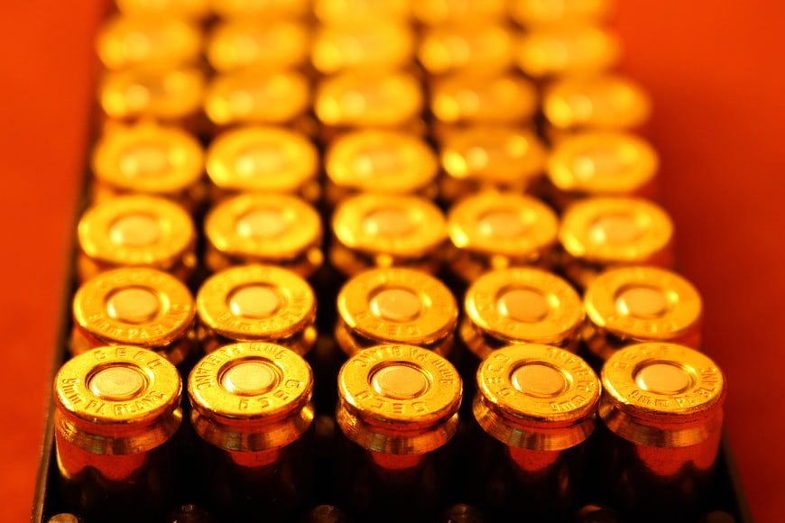Rows of Brass Bullet Casings in Magazine