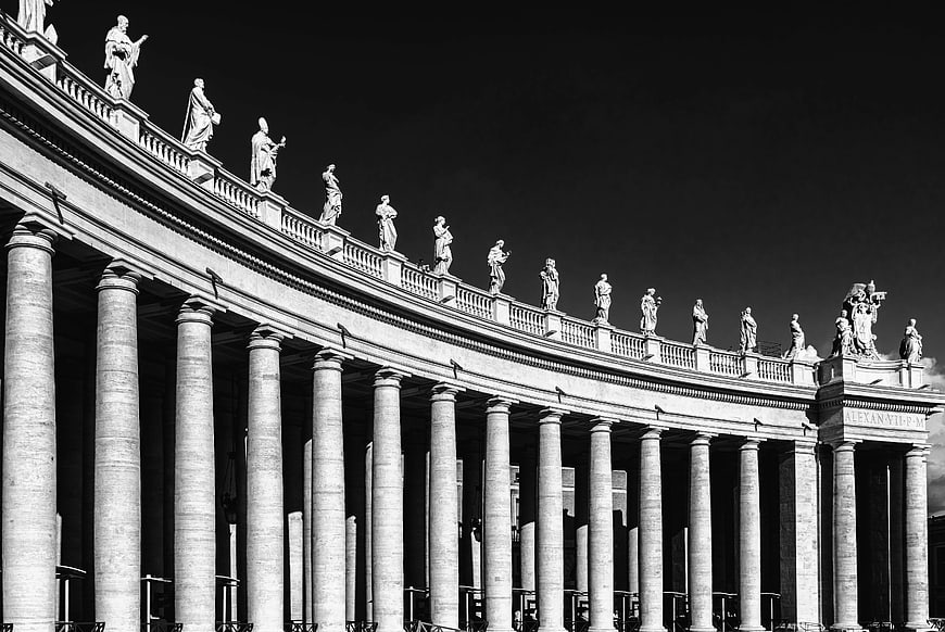 Black and white architecture of St. Peter's Square colonnade