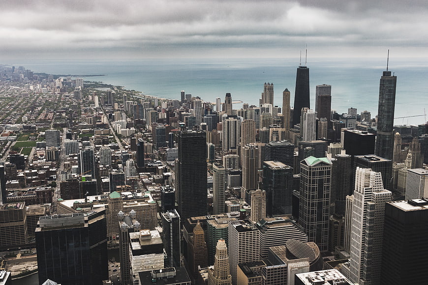 Aerial View of Chicago Skyline and Lake Michigan