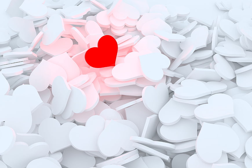 3D Red Heart Among White Hearts Background