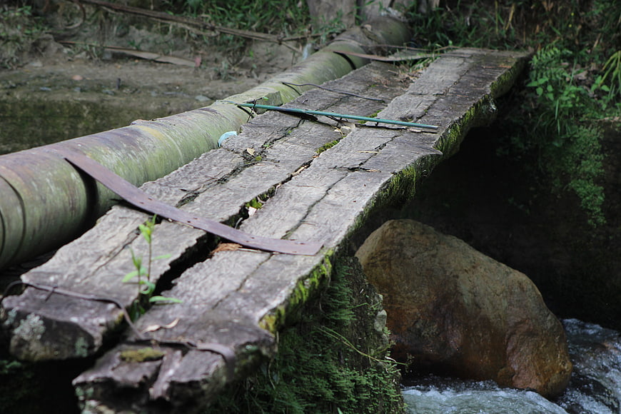 Rustic wooden bridge over stream with mossy logs