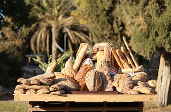 Assortment of fresh artisan bread on wooden table outdoors