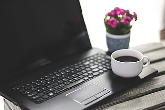 Laptop and coffee cup on wooden desk with flowers
