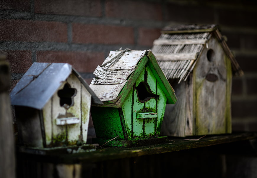 Three weathered wooden birdhouses on a rustic shelf