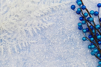 Blue Glitter Berries on Snowy Winter Background