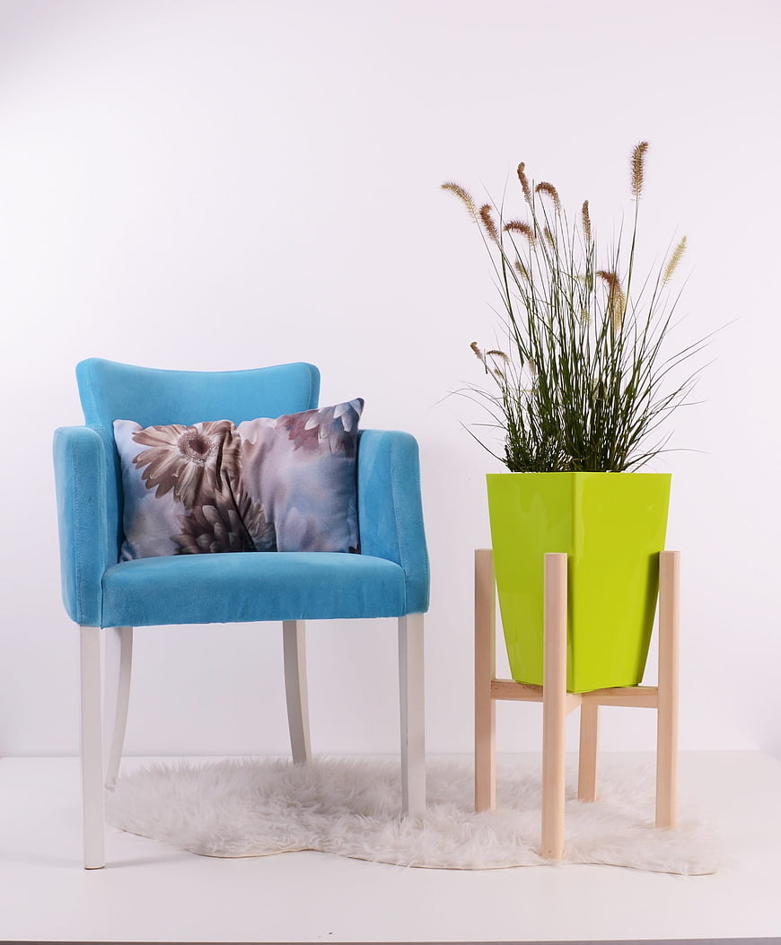 Modern Blue Armchair with Floral Pillow and Green Planter