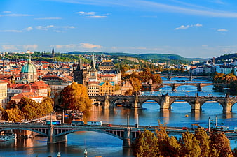 Panoramic View of Prague Bridges and Vltava River in Autumn
