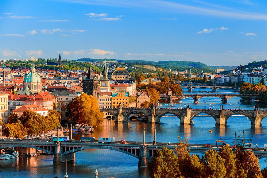 Panoramic View of Prague Bridges and Vltava River in Autumn