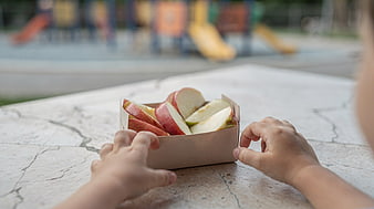 Child's Hands Holding Sliced Apple Snack Box at Playground