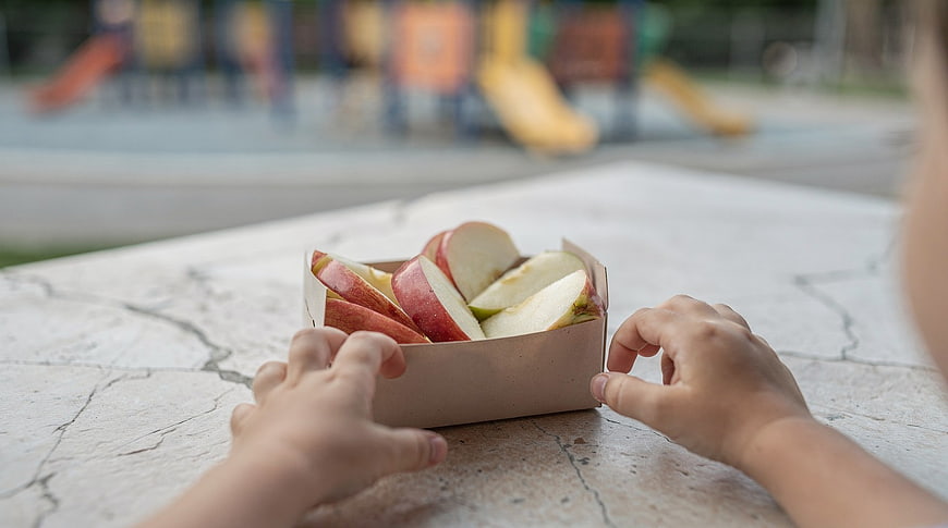 Child's Hands Holding Sliced Apple Snack Box at Playground
