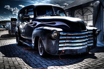 Vintage Black Rat Rod Truck with Flames