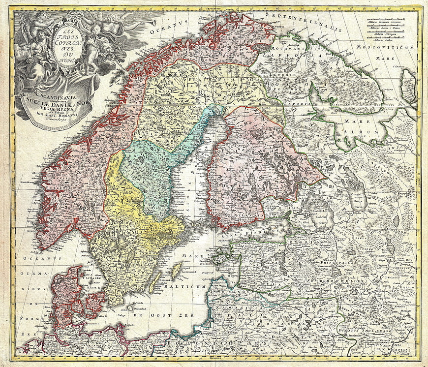 Antique Hand-Drawn Map of Scandinavia with Historical Borders