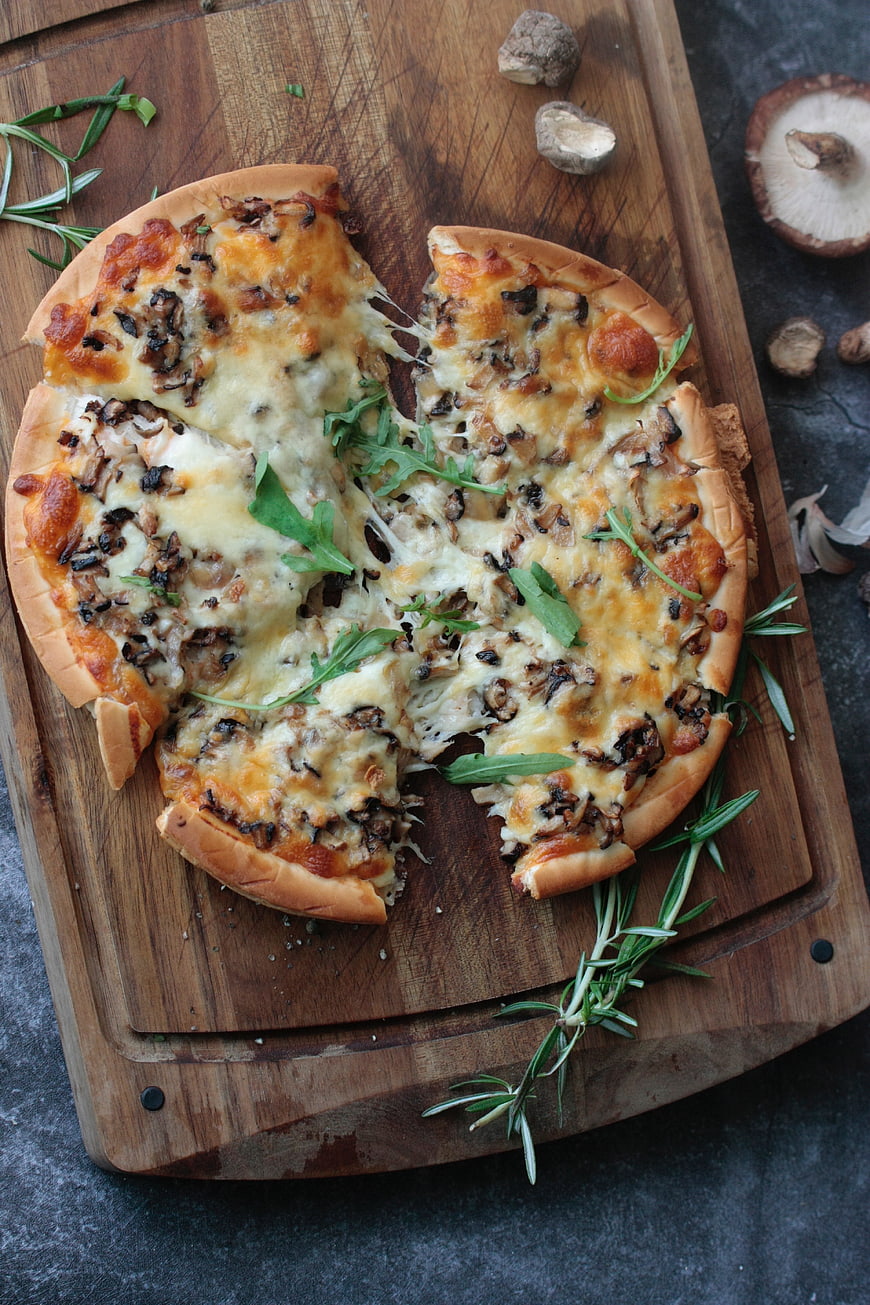 Homemade Mushroom Pizza on Wooden Board